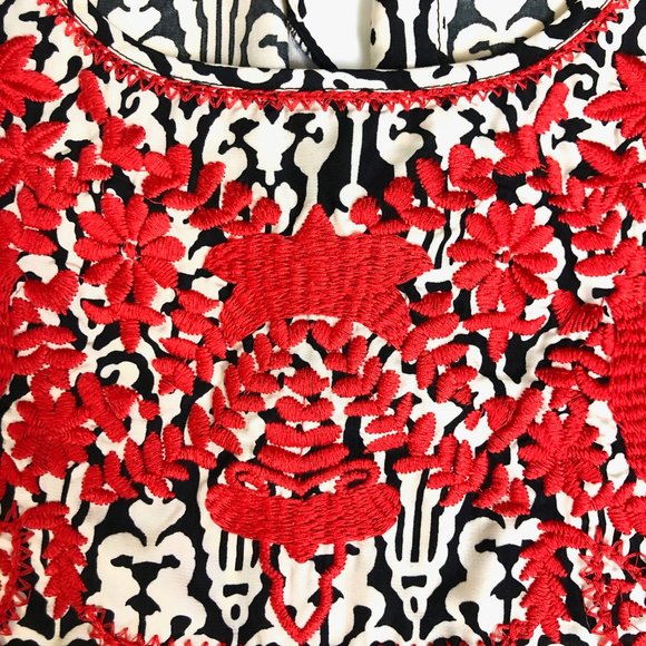 THML Anthropologie B&W Damask w Red Embroidery Top - Picture 4 of 6